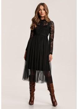 Sukienka Renee na urodziny czarna elegancka z tiulu midi z długim rękawem  ze sklepu Renee odzież w kategorii Sukienki - zdjęcie 94989473