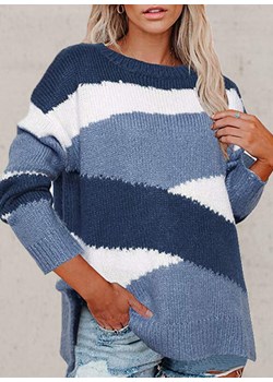 Długi rękaw dekolt prosty dzianina paski wzór geometryczny luźny casual rozcięcie na co dzień jesień zima niebieski sweter (S)