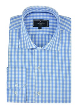 Koszula Niebieska w Kratkę z Długim Rękawem, 100% Bawełniana -VICTORIO- Wizytowa, Taliowana KSDWVCTO0442SL ze sklepu JegoSzafa.pl w kategorii Koszule męskie - zdjęcie 99629690