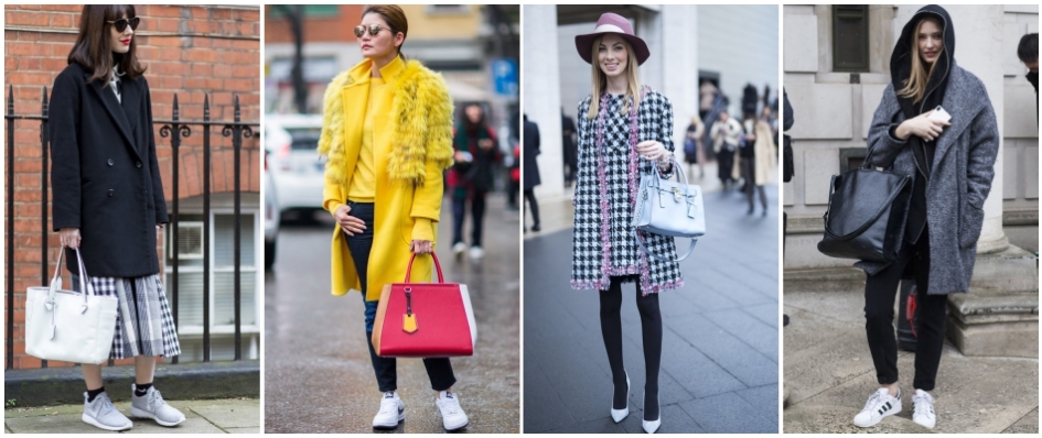 Kobiety ubrane w stylizacje zimowe z torebkami średniej wielkości na bagiel albo do ręki.